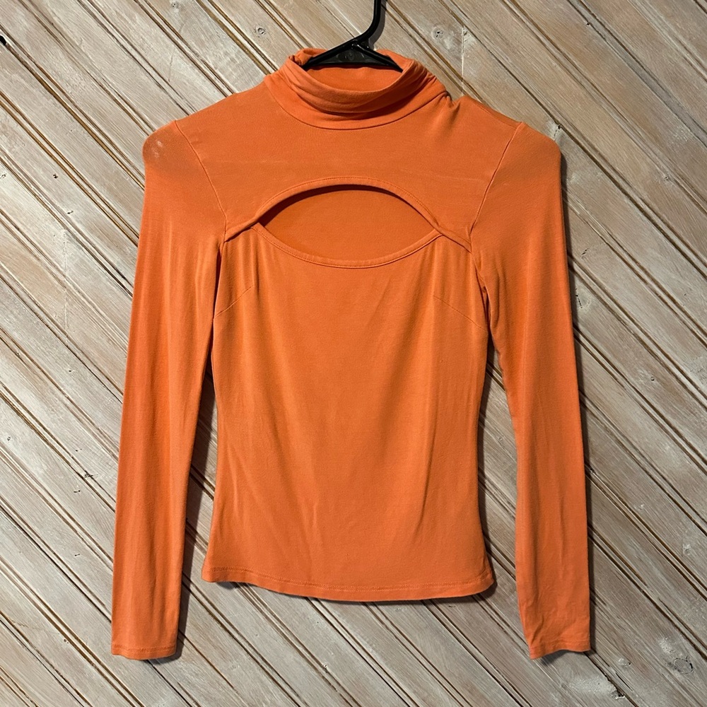 Pale Orange Bebe Chest Cutout Fitted XS Turtleneck Long Sleeve Shirt